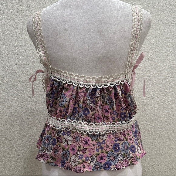 FOR LOVE & LEMONS Willow Multi Floral Bow Tie Ribbon Bow Coquette Top Purple XL - Picture 7 of 12